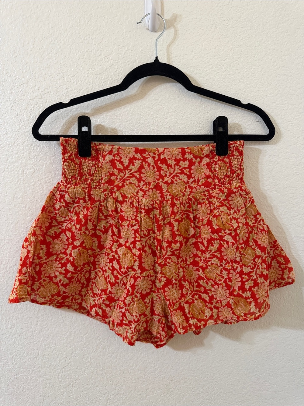Free People Red and Gold Floral Smocked High Waist Ruffled Shorts